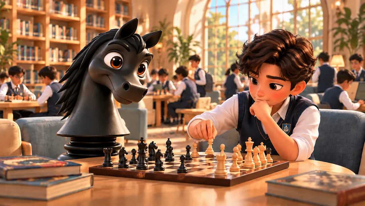 Faris, the chess knight prototype, watching a student play chess in the school library