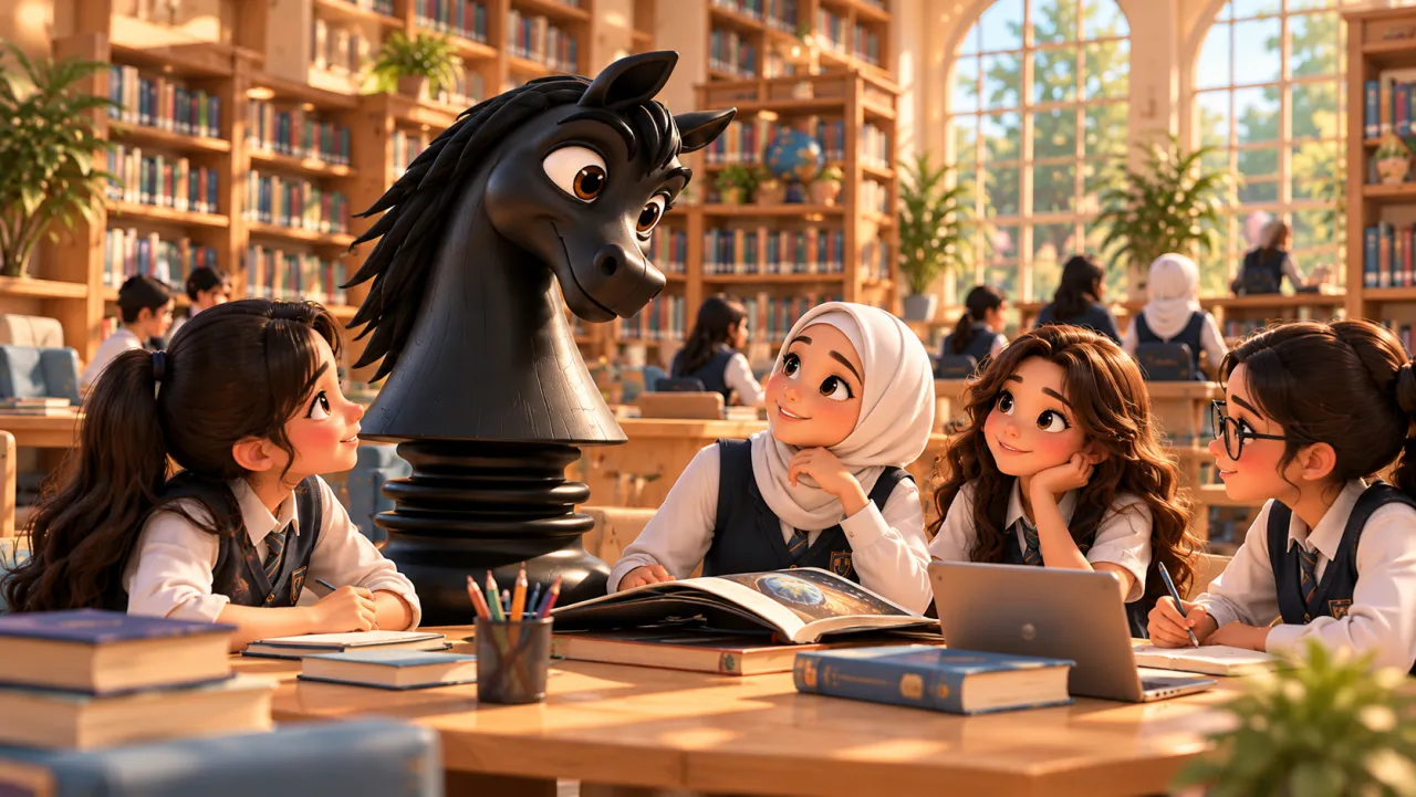 Faris, the chess knight prototype, with students in the school library