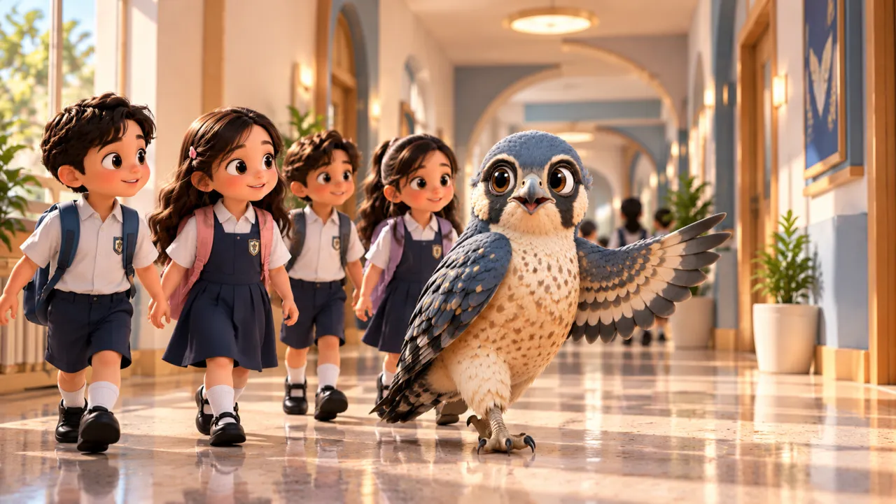 Sana, the falcon prototype, walking with students down a school hallway